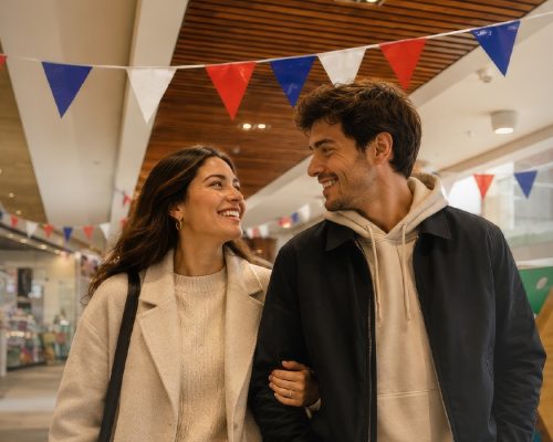 Pareja caminando en el centro comercial