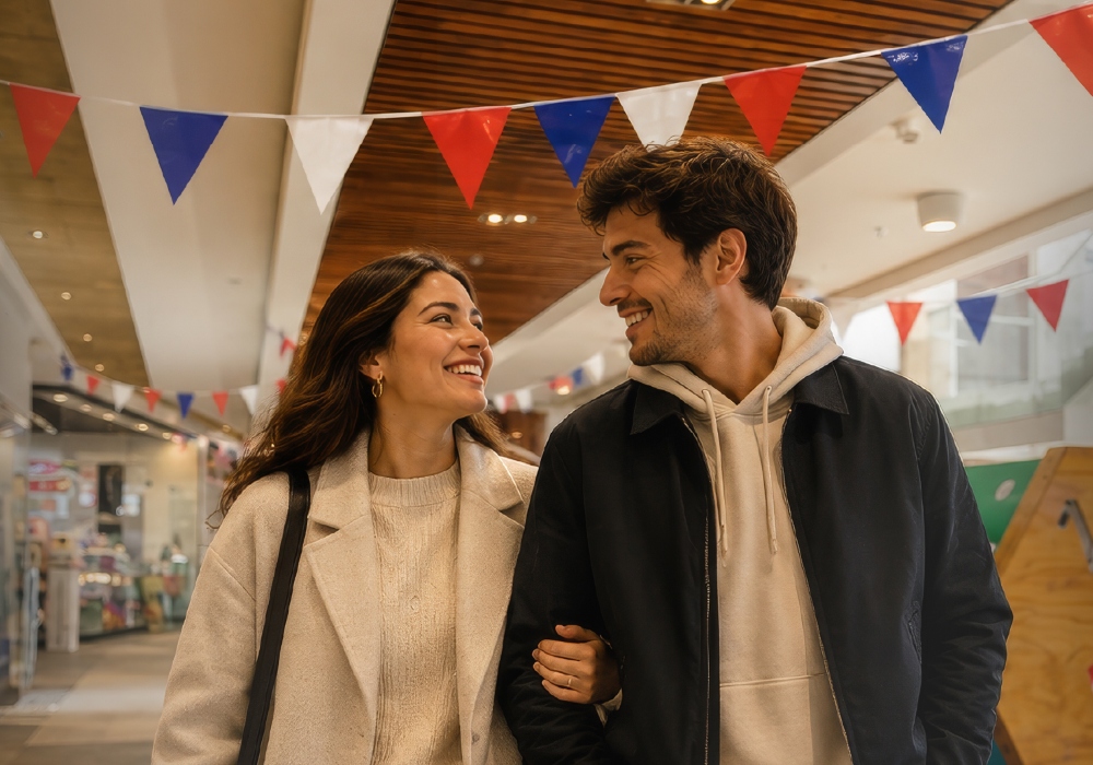 Pareja caminando en el centro comercial