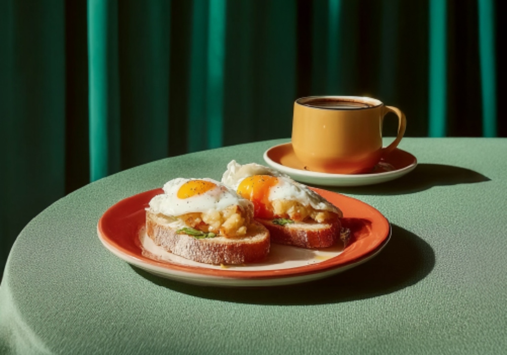 Mesa con un plato y una taza de desayuno