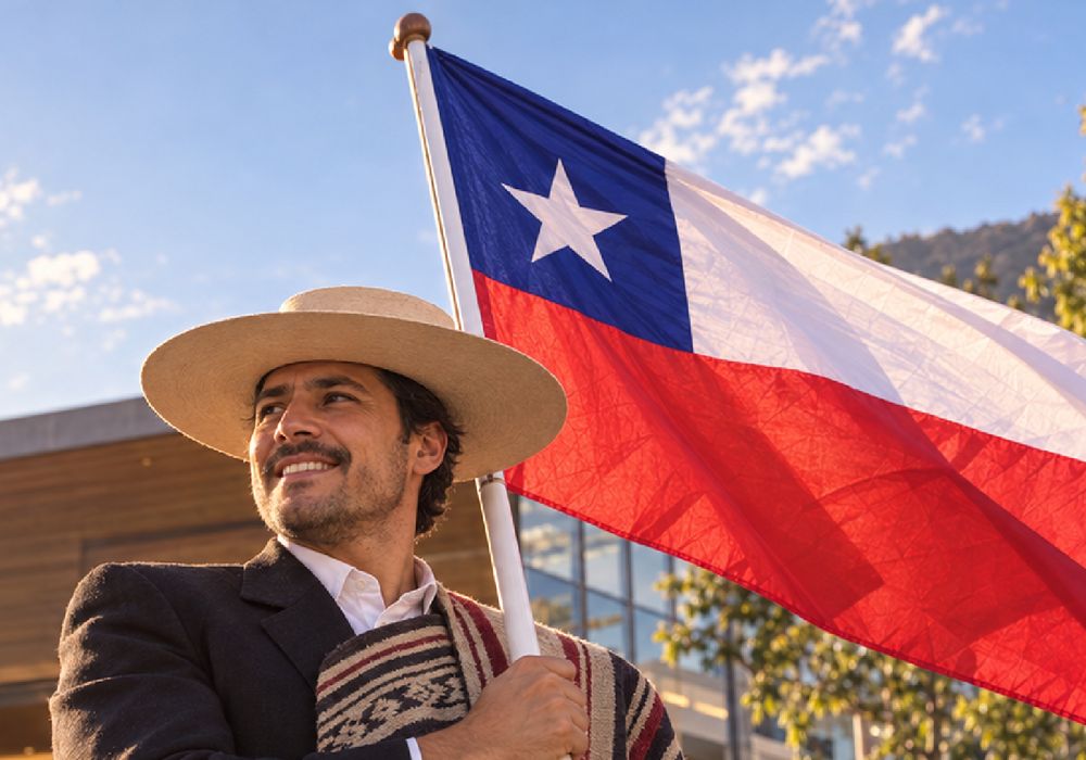 Hombre sosteniendo bandera de Chile