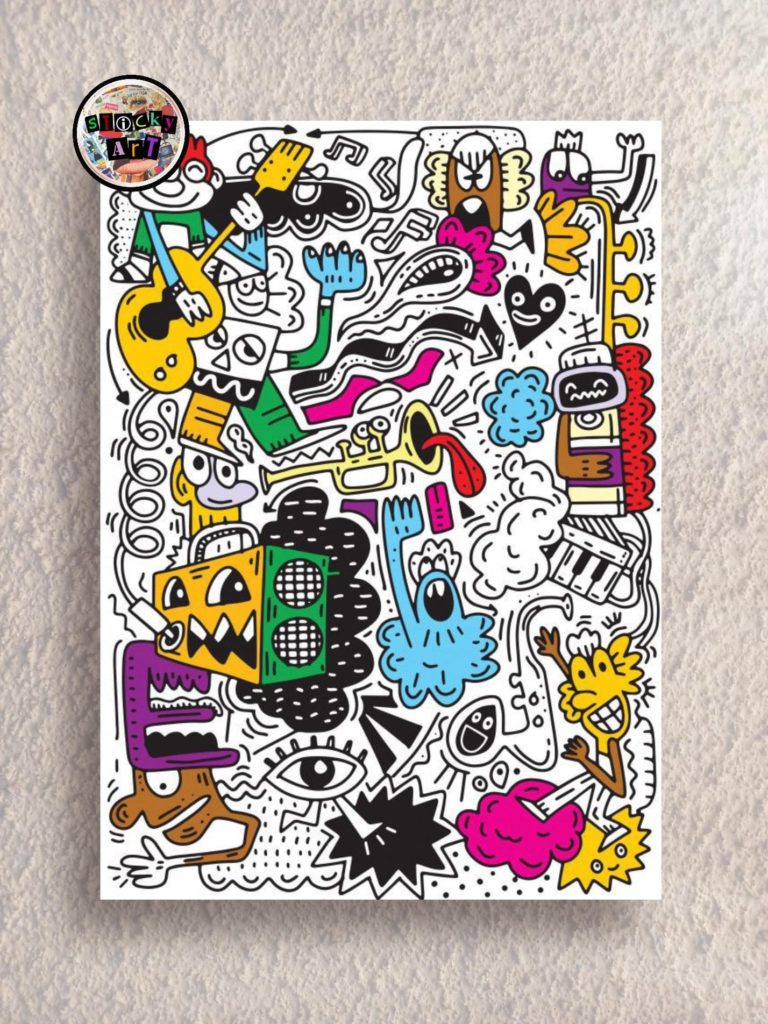 Un cuadro con varios doodles en distintos colores