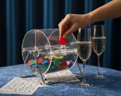 Persona sacando una bolita de color de una tombóla de bingo