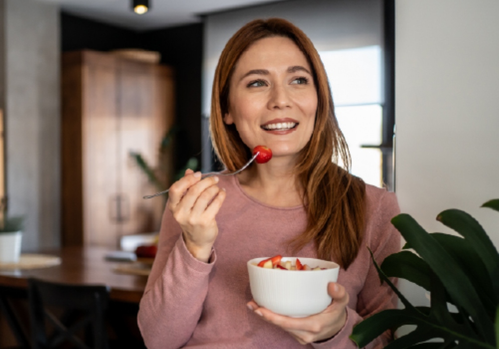 Mujer comiendo un bowl con frutilla
