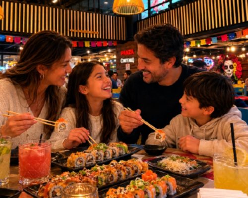 Familia comiendo sushi