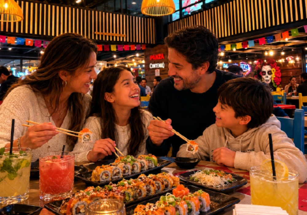 Familia comiendo sushi