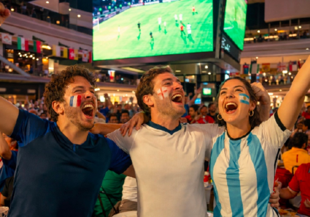 Tres personas viendo un partido de fútbol