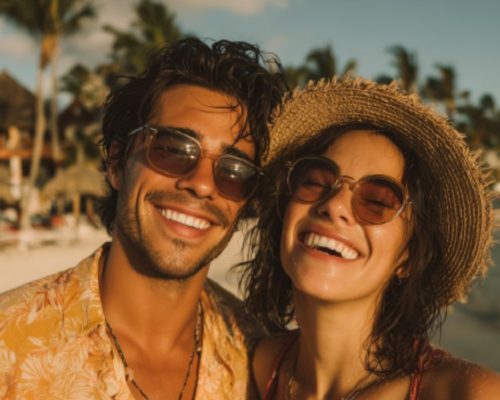 Hombre y mujer sonriendo en la playa