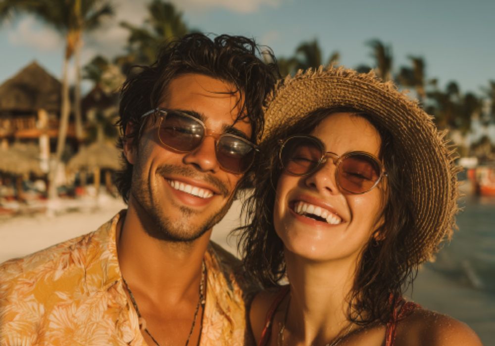 Hombre y mujer sonriendo en la playa