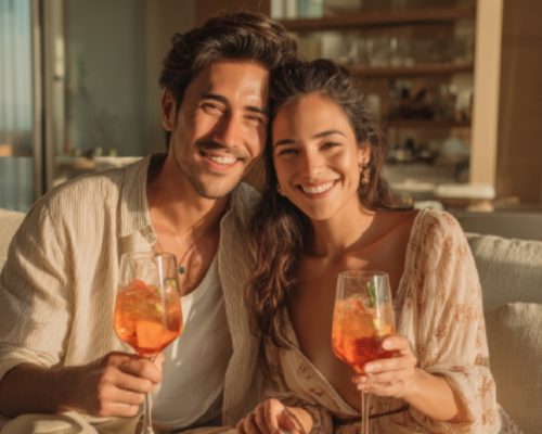 Dos personas sonriendo y sosteniendo copas de aperol
