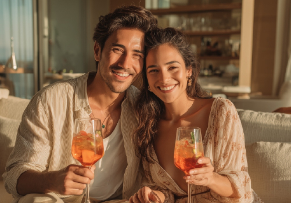 Dos personas sonriendo y sosteniendo copas de aperol