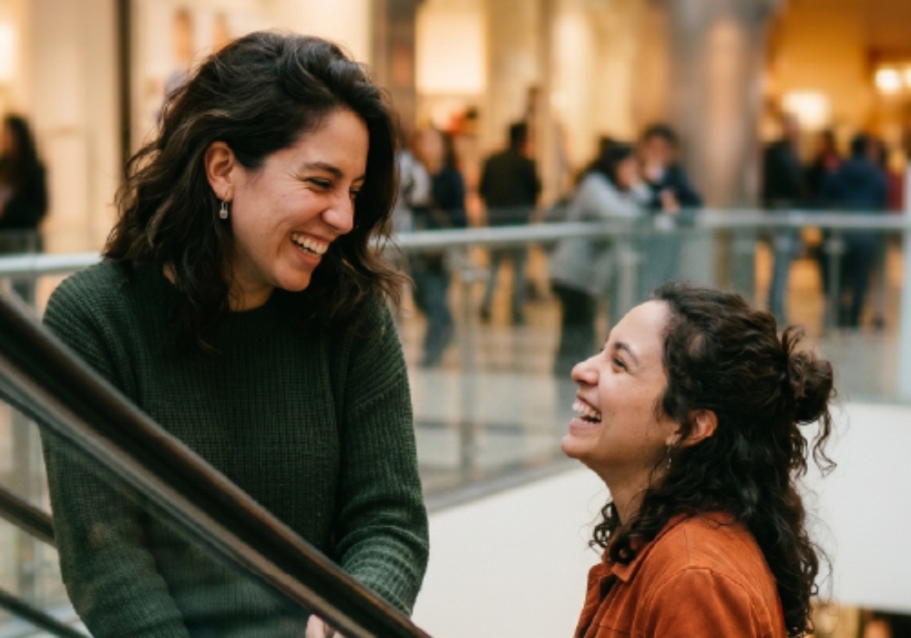 Dos mujeres en una escalera mecánica
