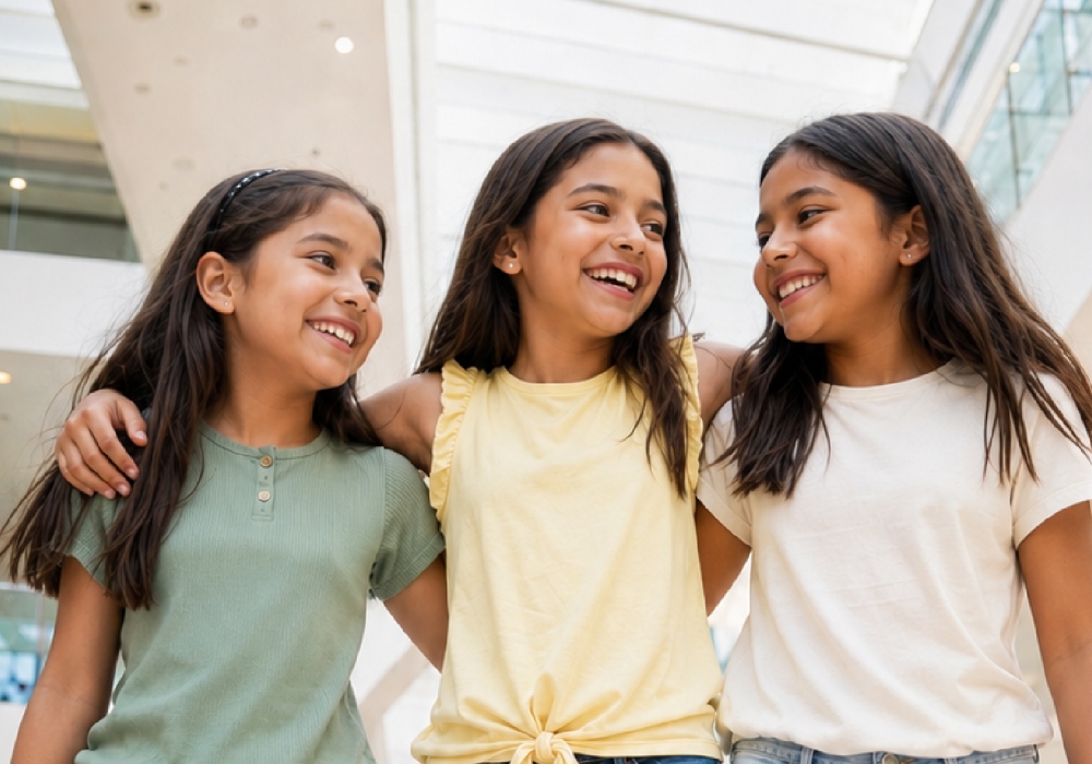 Tres niñas en un centro comercial