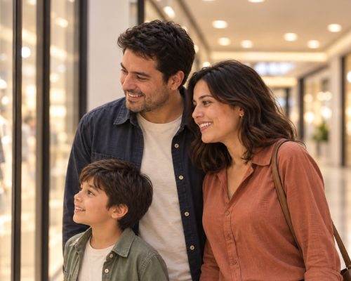 Familia visitando centro comercial