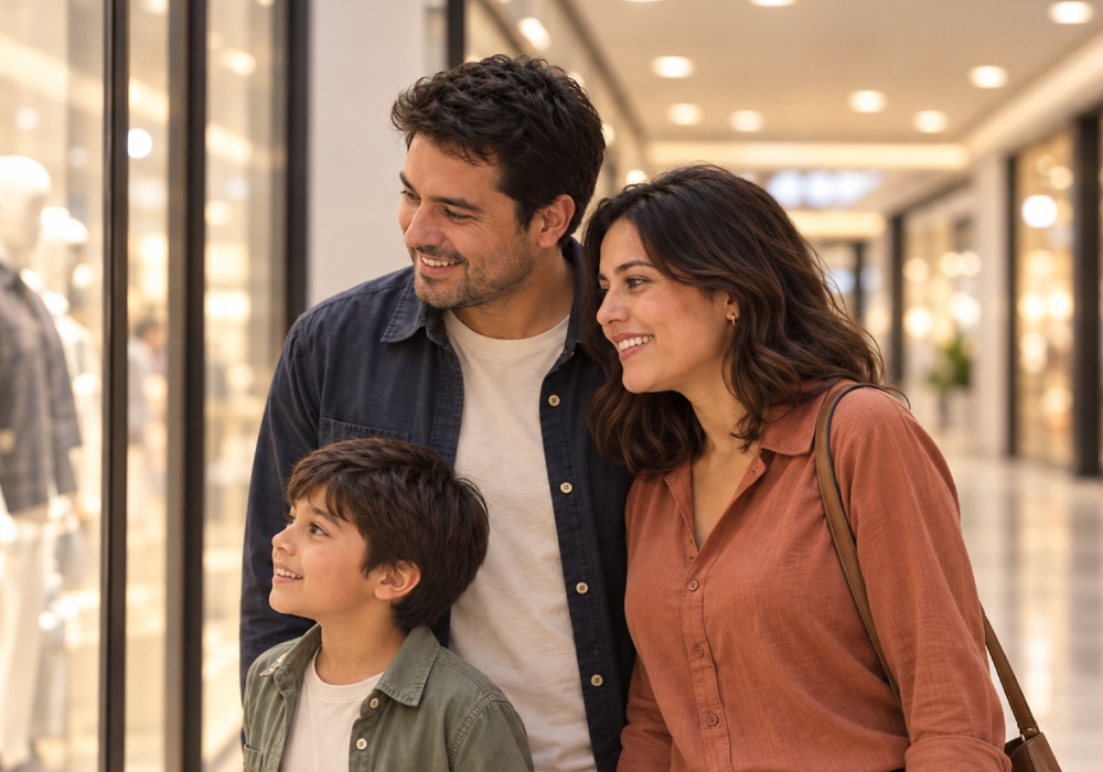 Familia visitando centro comercial