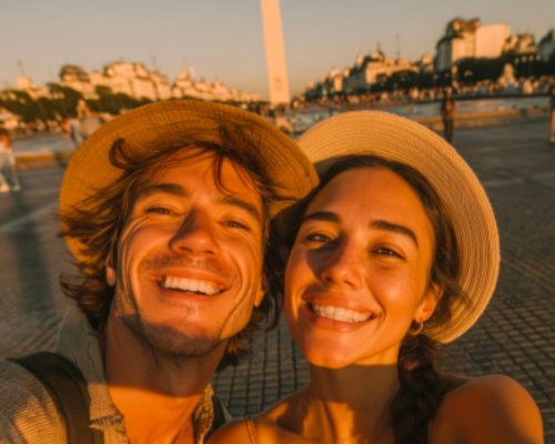 Un hombre y mujer posando en el Obelisco, Buenos Aires.