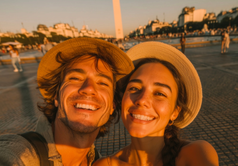 Un hombre y mujer posando en el Obelisco, Buenos Aires.
