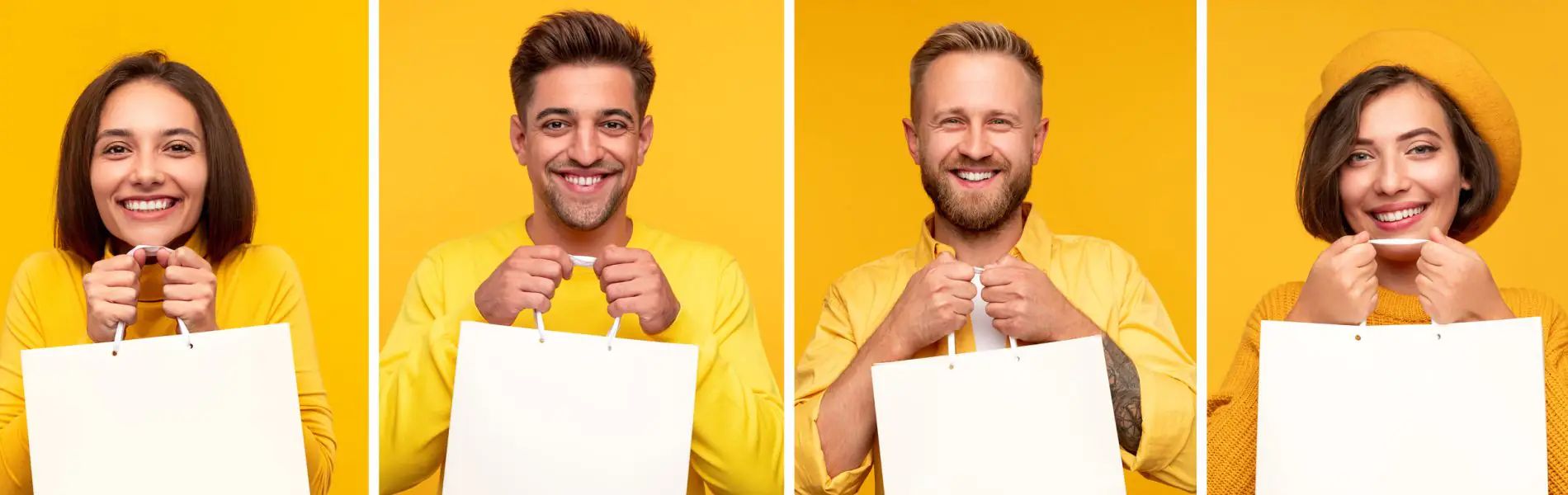 Mujeres y hombres sosteniendo bolsas blancas